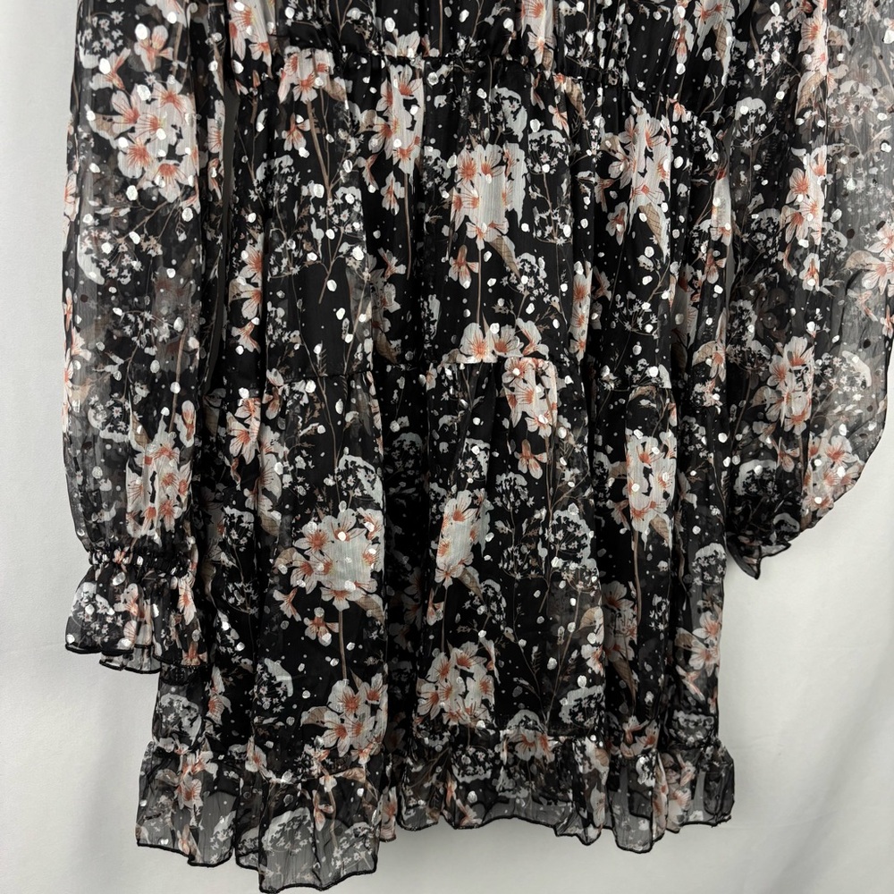 NWT O.P.T Women’s Black Floral Ruffle Long Sleeve shimmery Party Dress Size XL - Picture 5 of 9